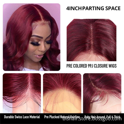 Wholesale Body Wave 99j Lace Hair Ornament Wig Real Human Hair 150% Density West Kiss Brazil 4x4 Closed Front Wig Hair for Women